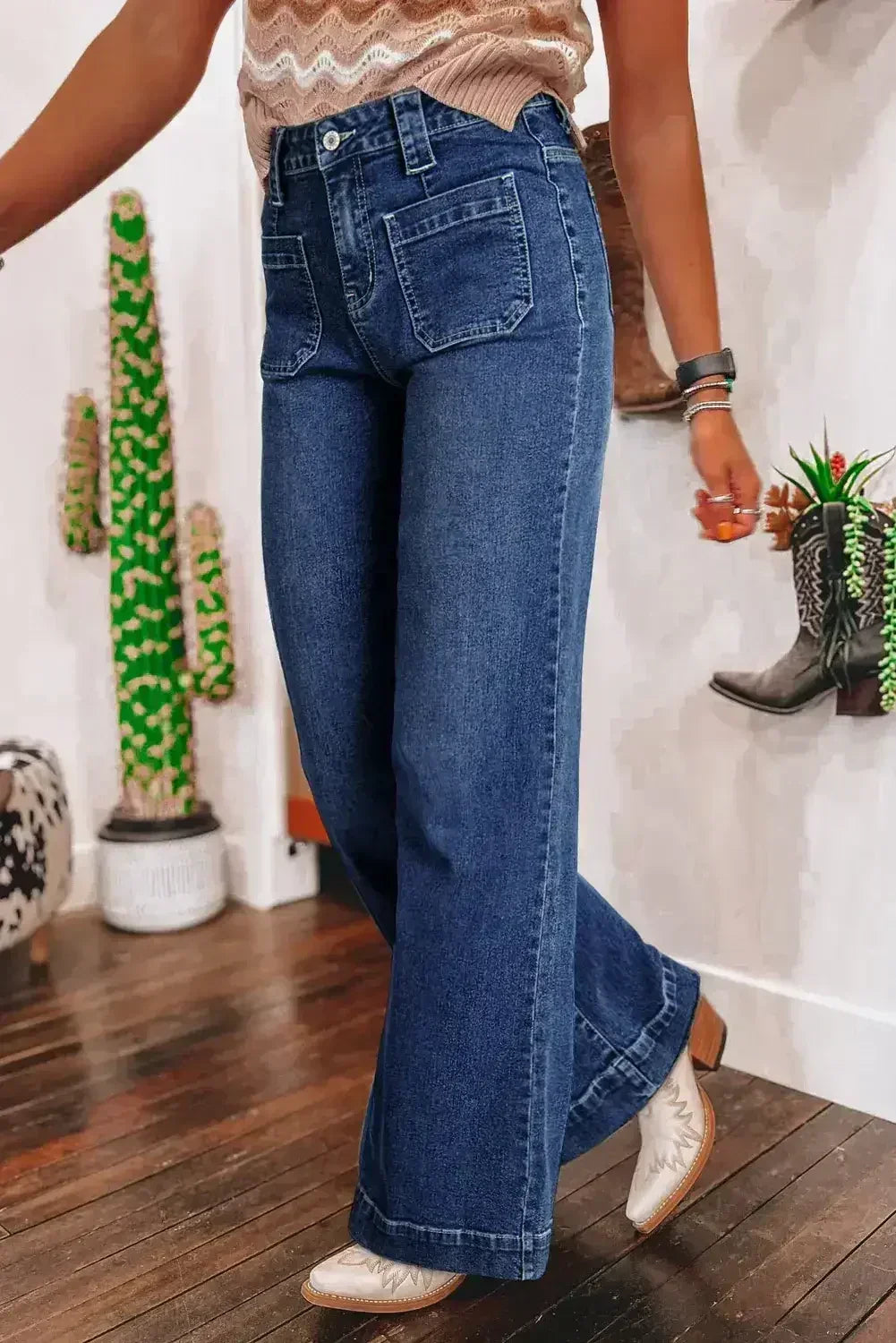 Sail Blue Wide Leg Pocketed High Waist Jeans - Femstylo