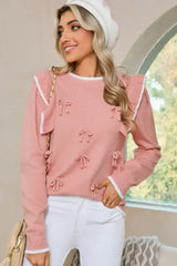 Light Pink Bow Detail Contrast Trim Ruffle Sweater - Femstylo