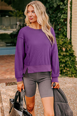 Orchid Mist Solid Color Raw Seam Patchwork Ribbed Drop Shoulder Sweatshirt