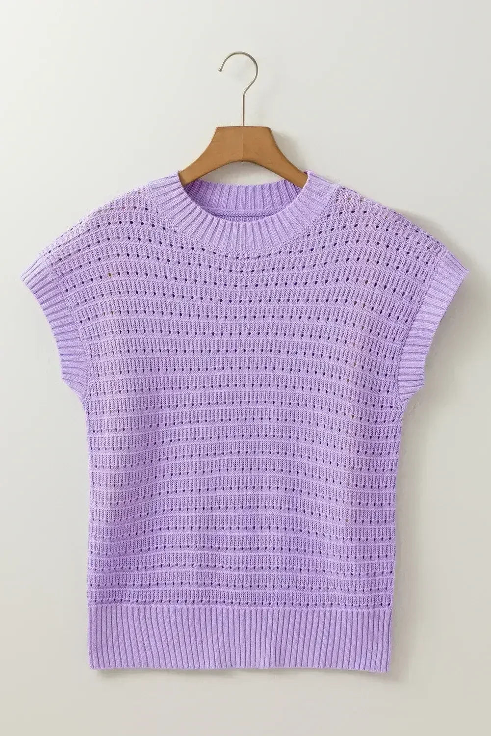 Lavendula Solid Color Ribbed Trim Pointelle Knit Top - Femstylo