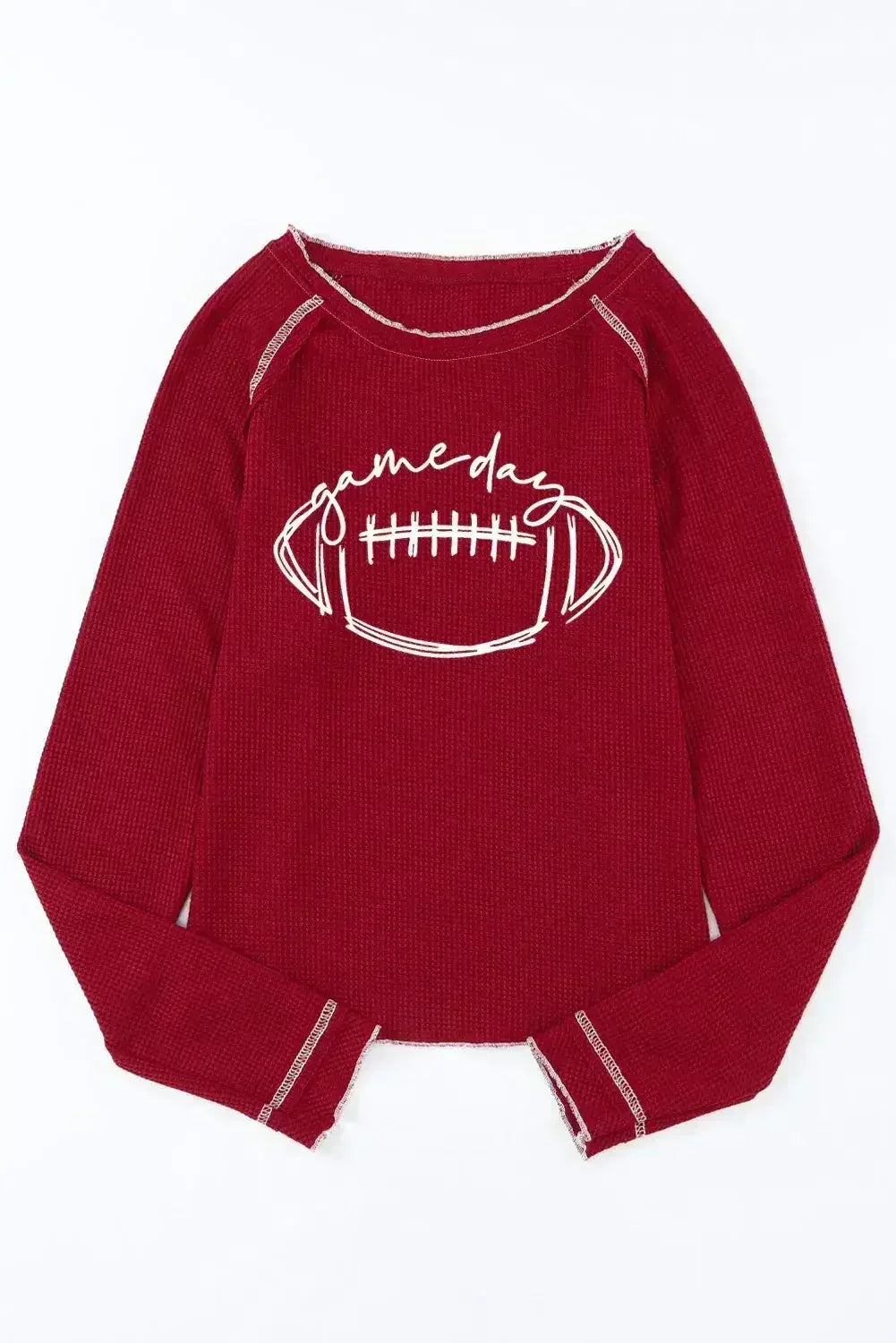 Red Waffle Rugby Graphic Contrast Hem Sweatshirt - Femstylo