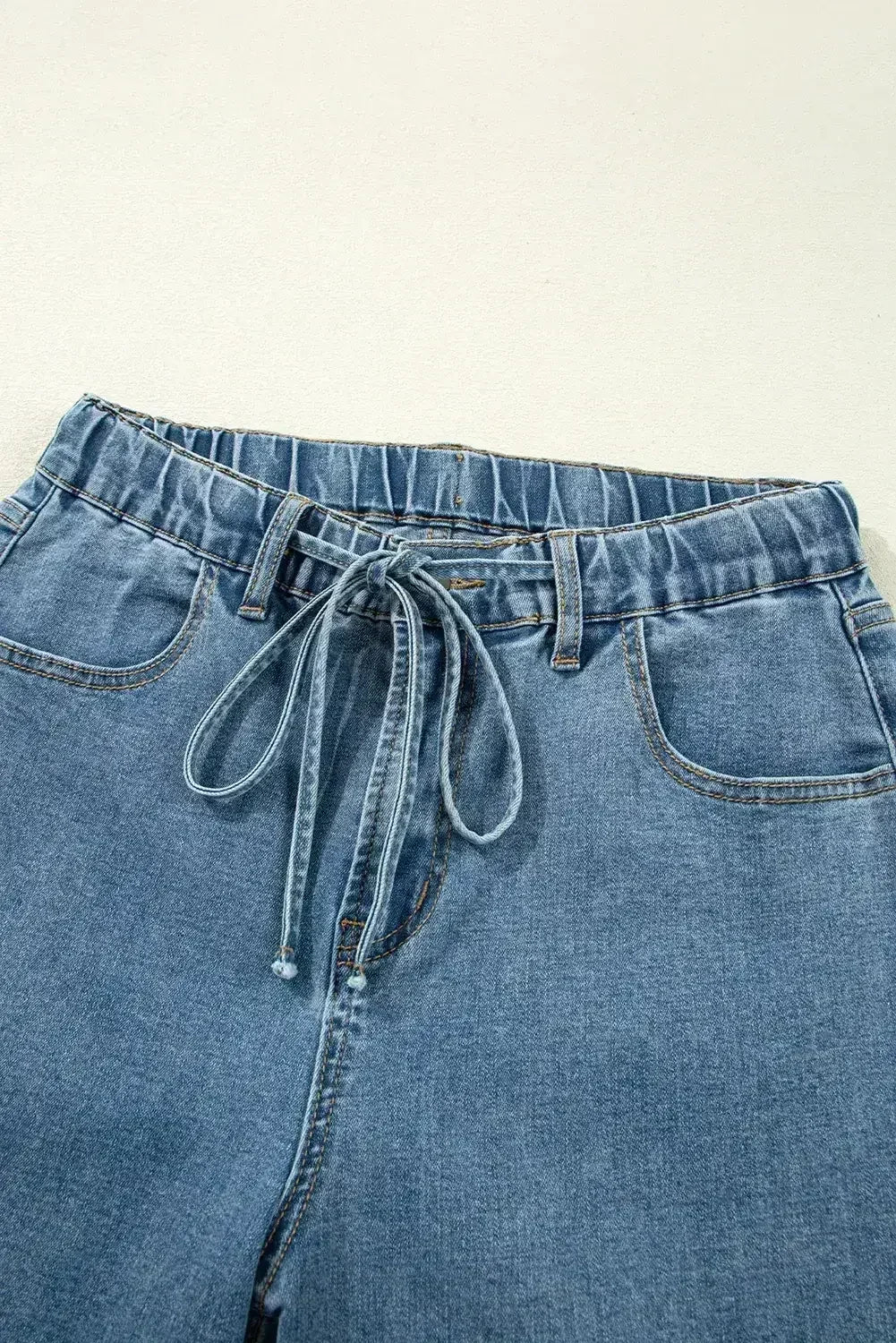 Dusk Blue Medium Wash Drawstring Waist Wide Leg Jeans - Femstylo