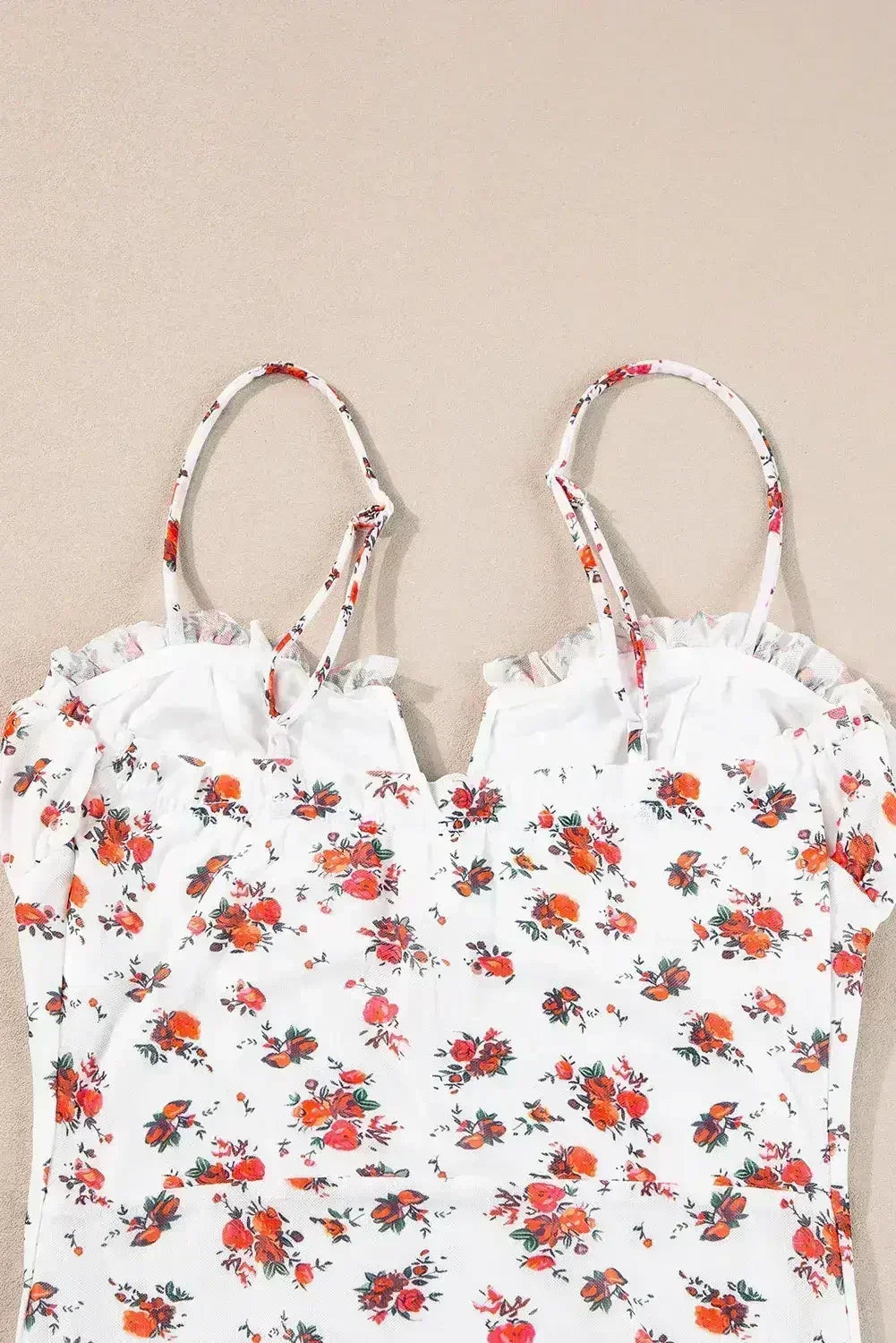 White Floral V Cut Frilled Trim Spaghetti Straps Bodysuit - Femstylo
