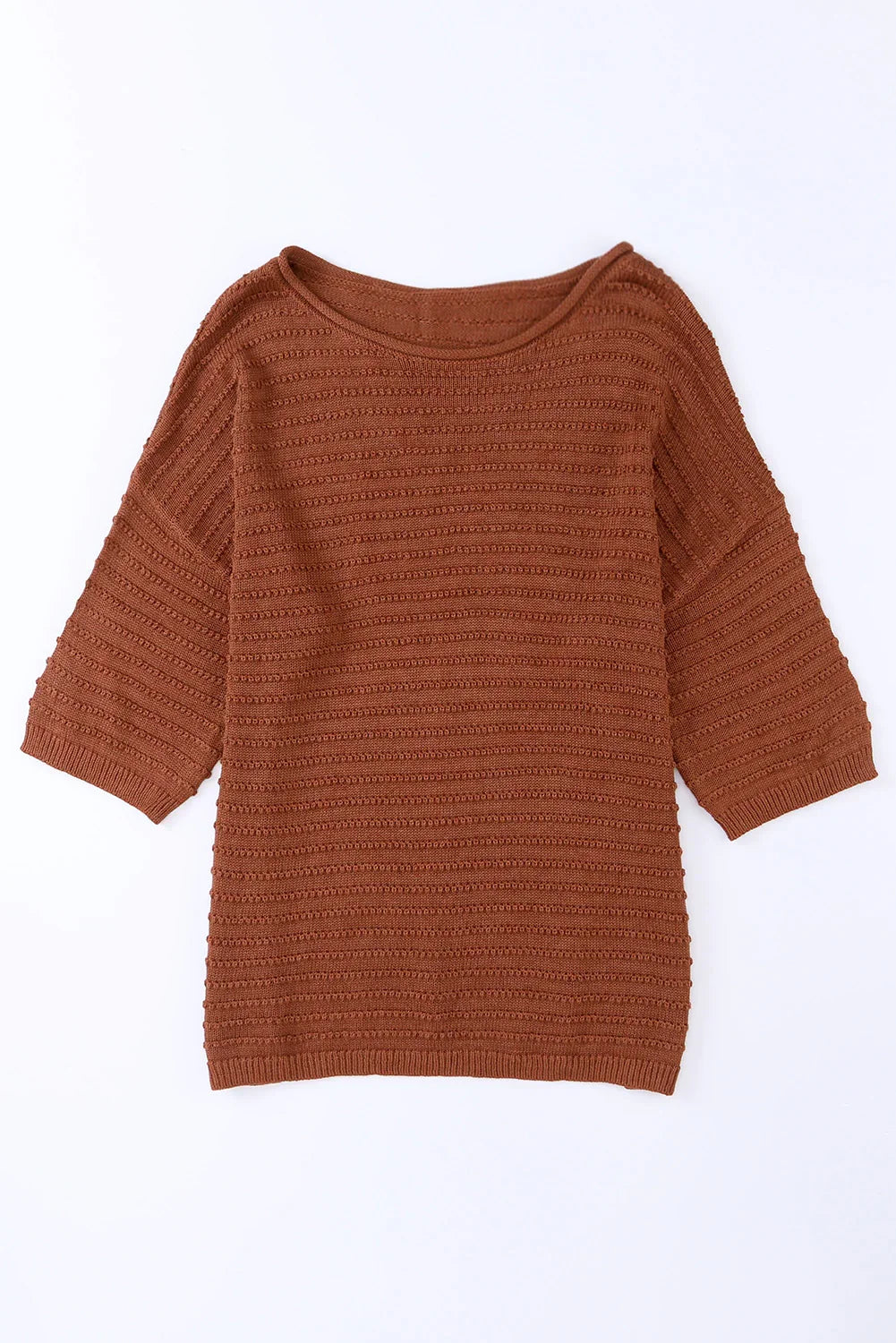 Brown Solid Color Rib-Knit Drop Sleeve Side Slits Top