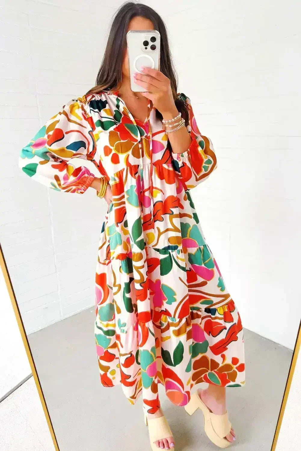 Orange Abstract Tie V Neck Tiered Maxi Dress - Femstylo