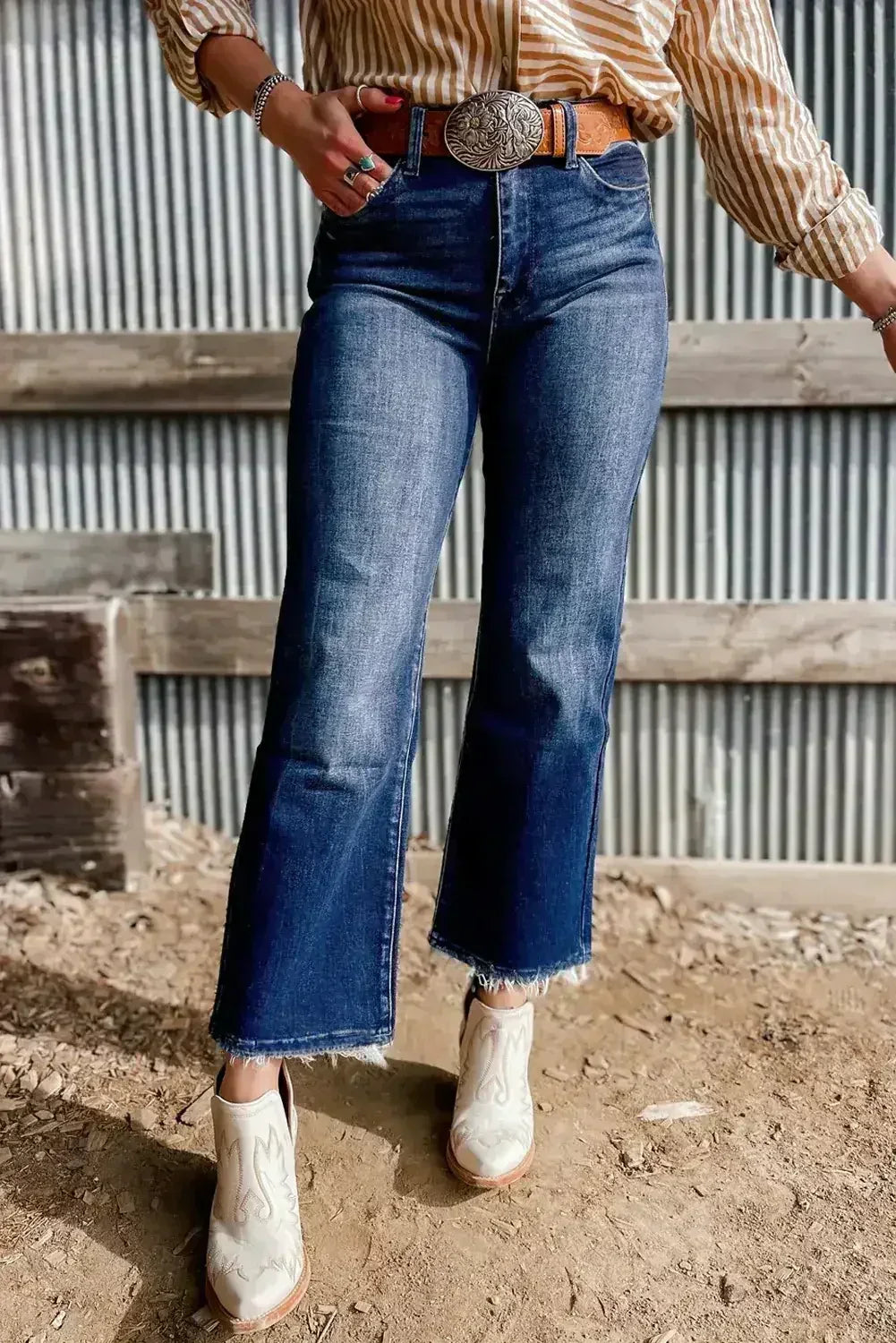 Sail Blue Mineral Wash Raw Hem High Waist Flared Jeans - Femstylo