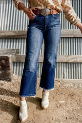 Sail Blue Mineral Wash Raw Hem High Waist Flared Jeans - Femstylo