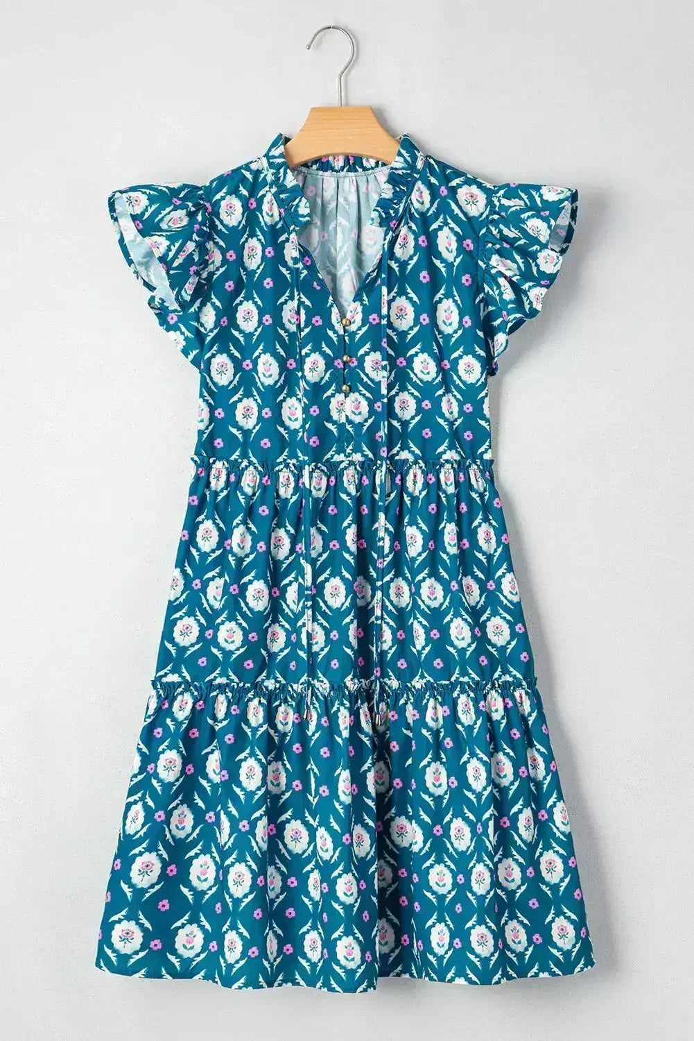Blue Retro Floral Print Split Neck Ruffle Short Sleeve Dress - Femstylo