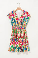 Sky Blue Abstract Print V Neck Dolman Sleeve Ruffle Tiered Mini Dress - Femstylo