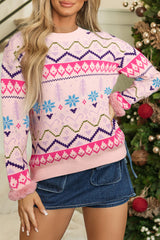 Multicolour Ethnic Christmas Pattern Knit Feather Cuffed Sweater