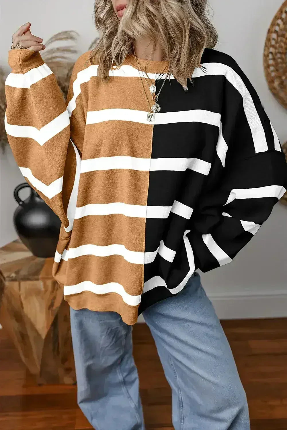Pink Striped Patchwork Drop Shoulder Sweater - Femstylo
