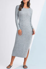 Gray Round Neck Slim Fit Slit Knit Midi Dress