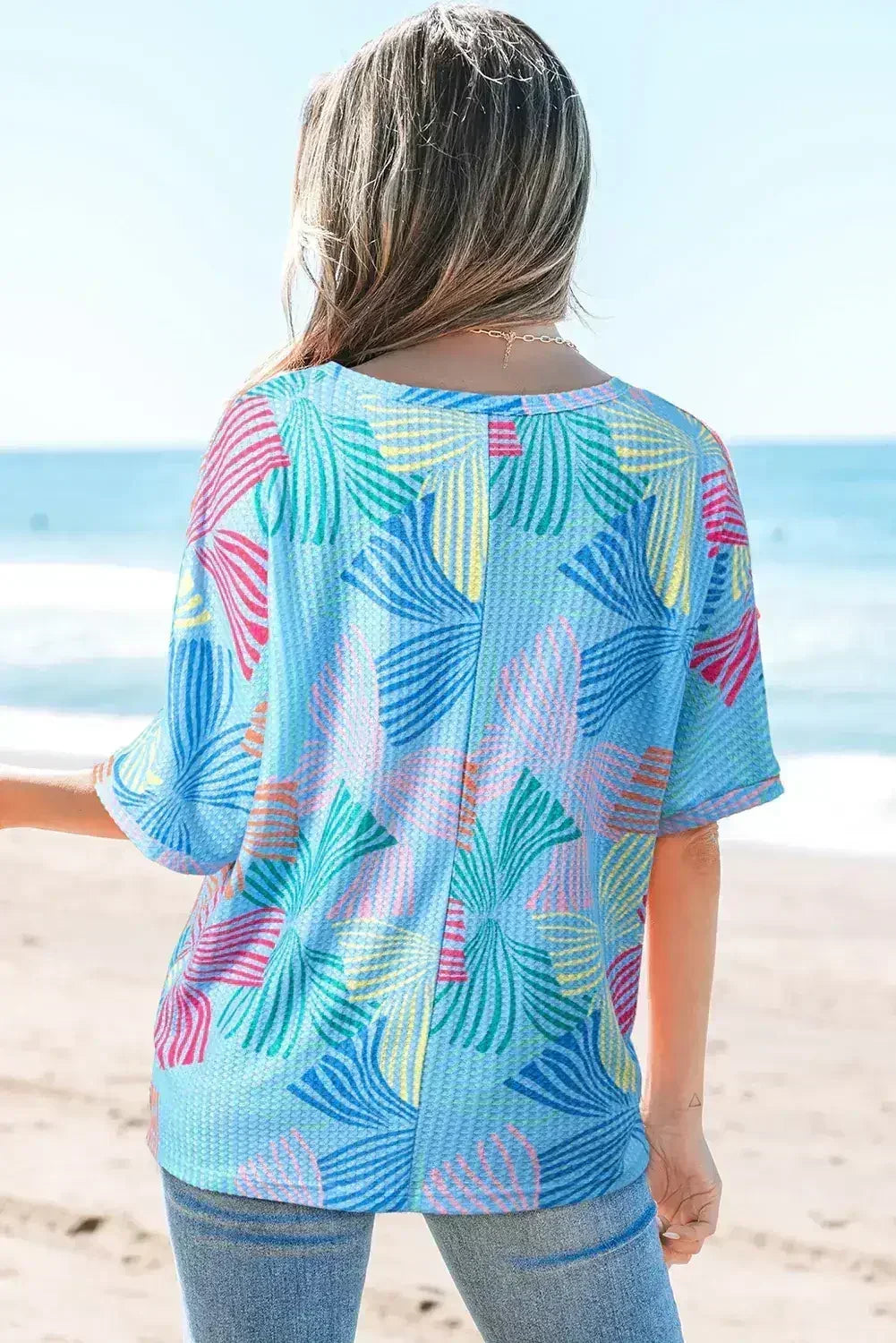 Sky Blue Bowknot Print Waffle Loose Tee - Femstylo
