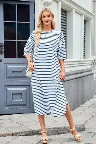 Lovelet Contrast Striped Half Sleeve Midi Tee Dress - Femstylo