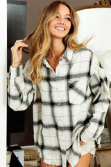 White Plaid Raw Hem Button up Jacket with Pocket - Femstylo