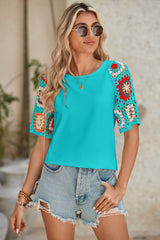 Turquoise Boho Hollowed Floral Crochet Sleeve T Shirt