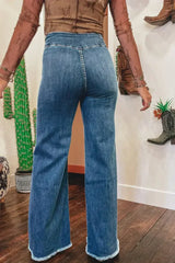 Sail Blue High Waist Button Raw Hem Jeans - Femstylo