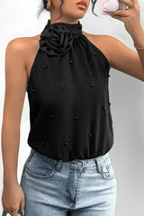 Black Beaded Decor Flower Halter Bodysuit - Femstylo
