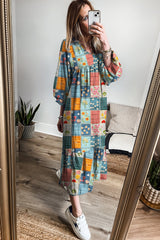 Sky Blue Floral Checkered Pattern Bubble Sleeve Ruffle Hem Dress