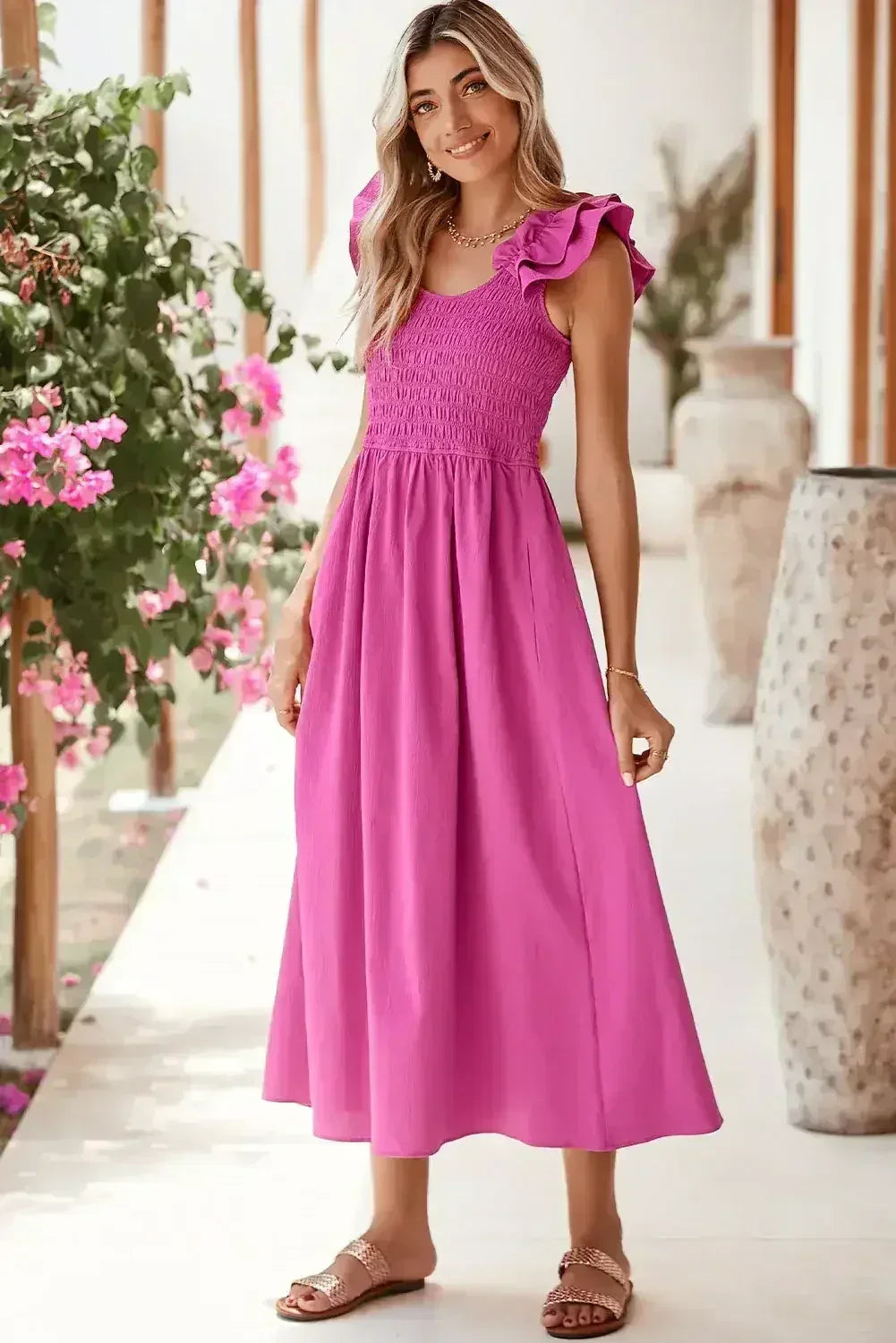 Rose Red Crinkled Ruffle Strap Smocked Midi Dress - Femstylo