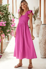 Rose Red Crinkled Ruffle Strap Smocked Midi Dress - Femstylo