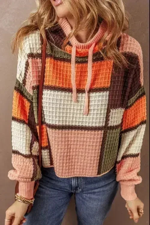 Drawstring Color Block Mock Neck Sweater - Femstylo