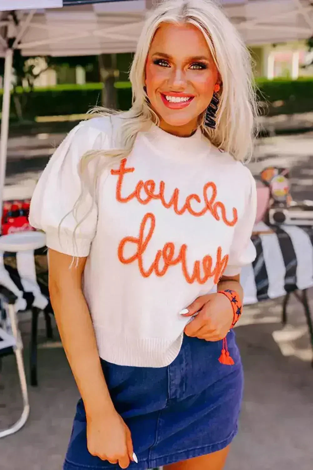 White Touchdown Tinsel Puff Short Sleeve Sweater - Femstylo