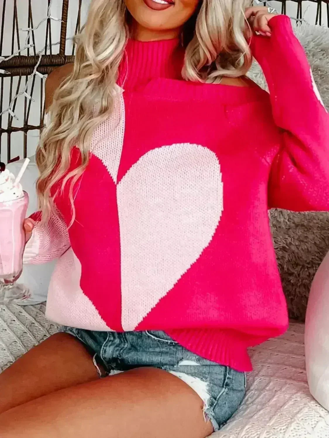 Valentine's Day Heart Turtleneck Cold Shoulder Sweater - Femstylo