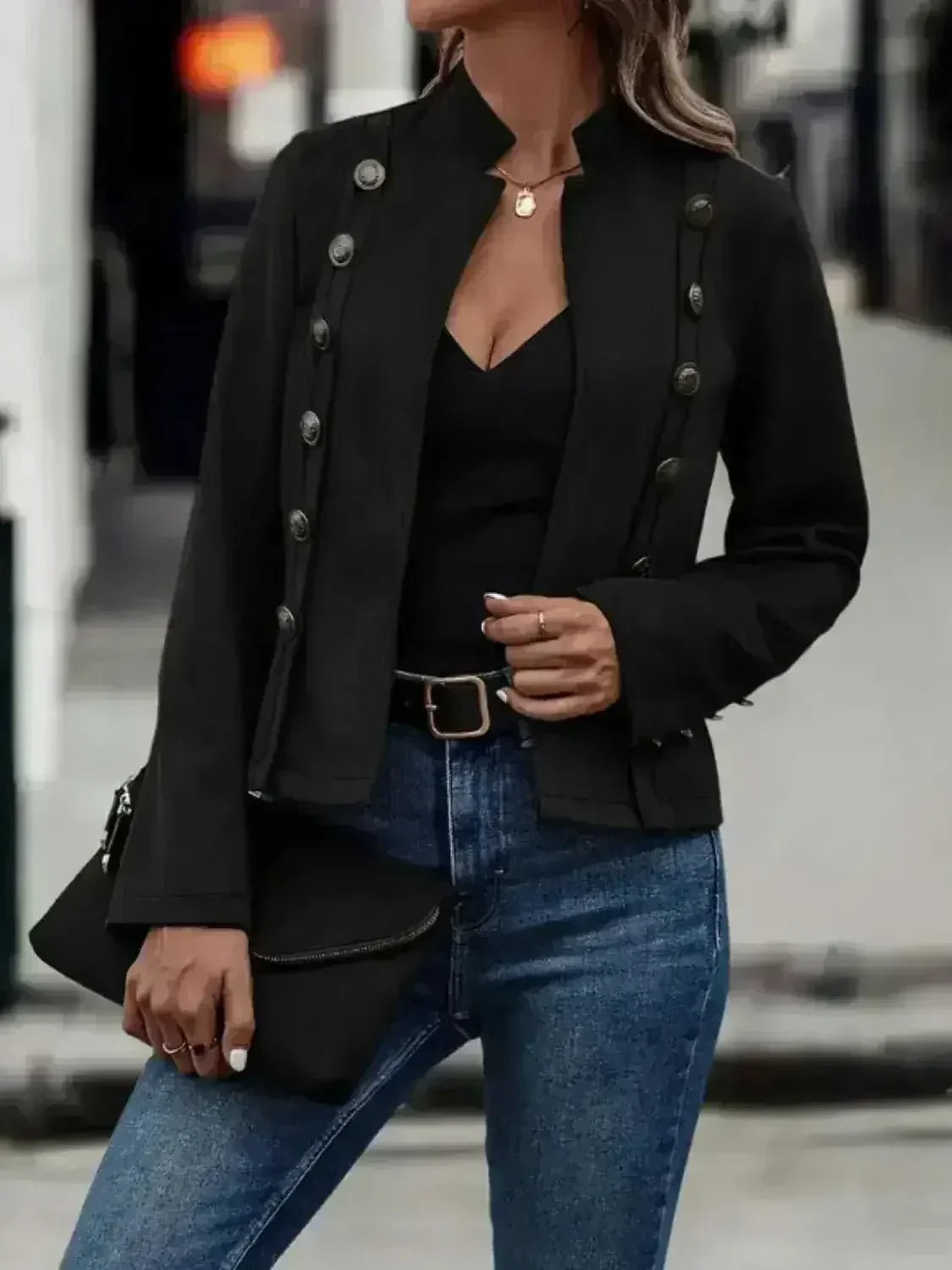 Decorative Button Open Front Long Sleeve Jacket - Femstylo