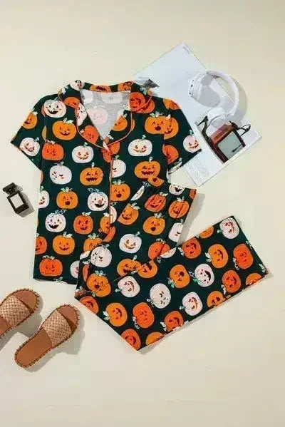 Pumpkin Printed Short Sleeve Top and Pants Lounge Set - Femstylo