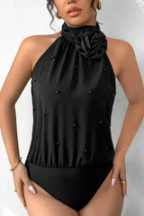 Black Beaded Decor Flower Halter Bodysuit - Femstylo