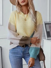 Color Block Round Neck Dropped Shoulder Sweater - Femstylo