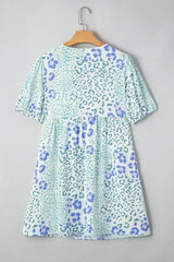 Sky Blue Leopard Bow Front Puff Sleeve Mini Dress - Femstylo