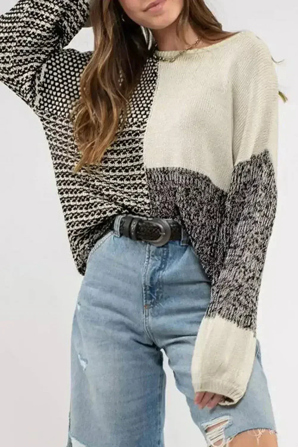 Pink Colorblock Tie Back Drop Shoulder Knit Sweater - Femstylo