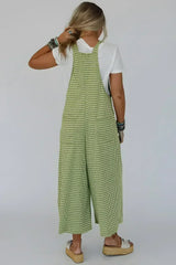 Green Gingham Wide Leg Pockets Loose Overall - Femstylo
