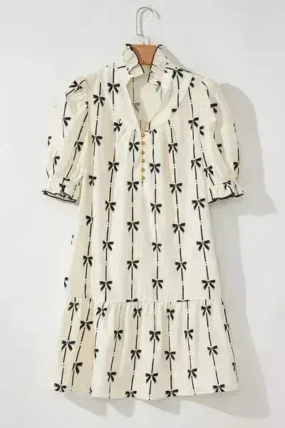 Frill Bow Print Notched Short Sleeve Mini Dress - Femstylo