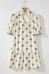 Frill Bow Print Notched Short Sleeve Mini Dress - Femstylo