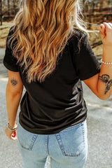 Black Rhinestone Boot Stitch Pattern Printed Cotton Blend Tee