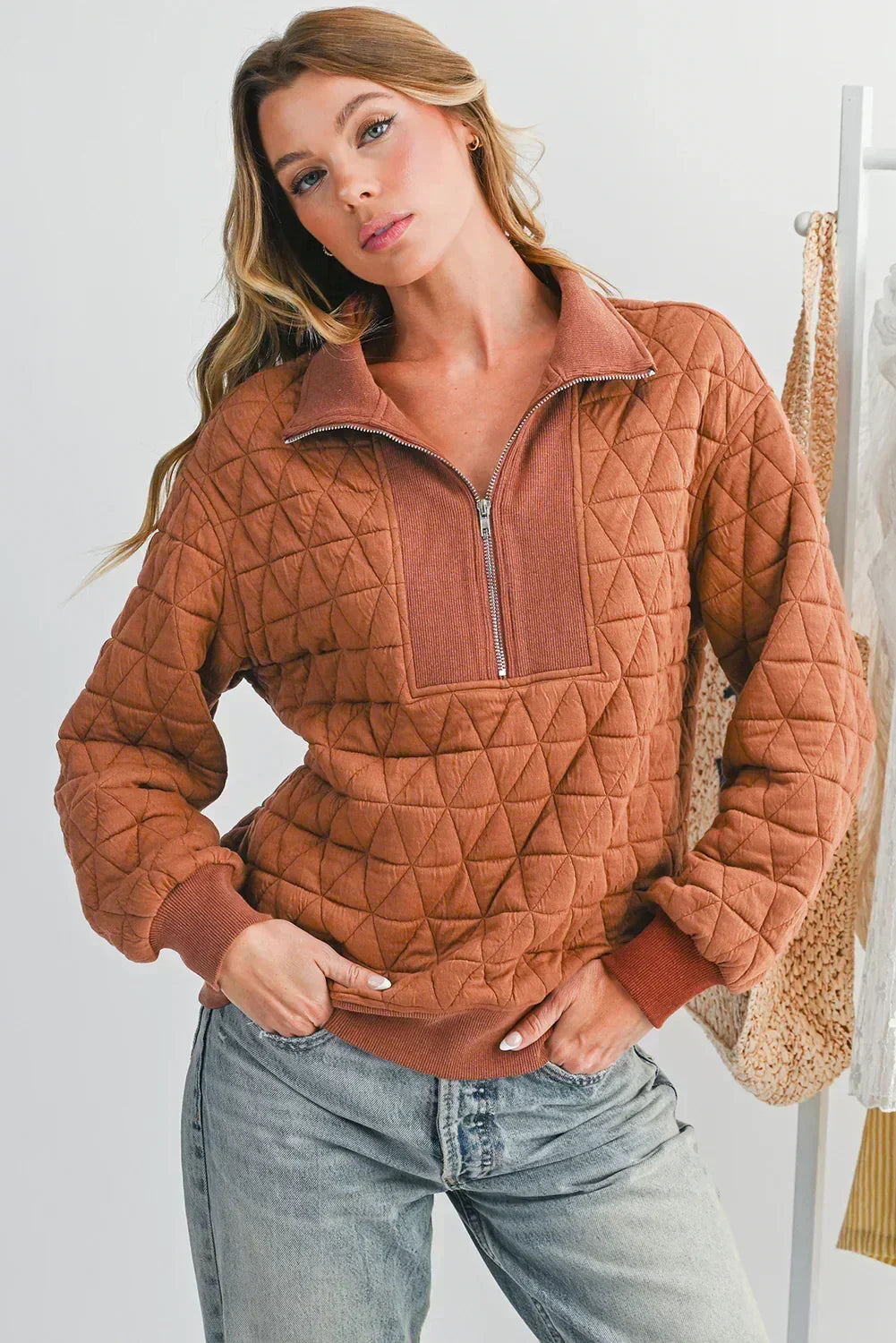 Brown Textured Zipper Neck Long Sleeve Pullover Sweatshirt - Femstylo