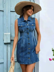 Pocketed Button Up Sleeveless Denim Dress - Femstylo
