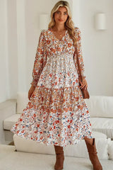 Khaki Floral Print Ruffled Tiered Long Sleeve V Neck Midi Dress - Femstylo