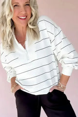 White Striped Zipper V-Neck Drop Sleeve Top - Femstylo
