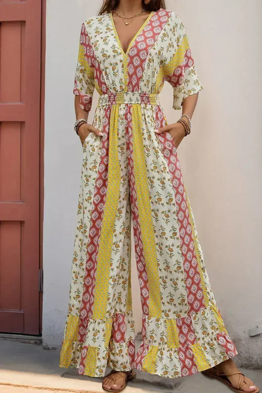 Yellow Boho V Neck Half Sleeve Patchwork Maxi Dress - Femstylo
