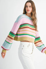 Multicolour Striped Knit Ribbed Trim Boxy Fit Cropped Sweater