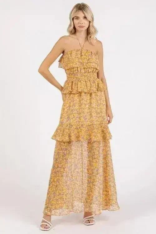 Mittoshop Ruffled Smocked Floral Halter Neck Maxi Dress - Femstylo
