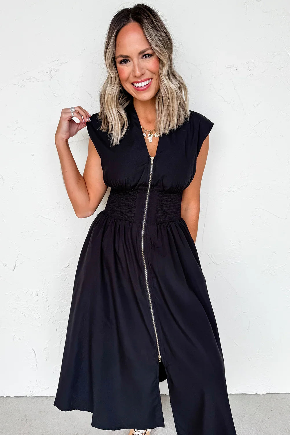 Black Sleeveless Zipped Front V Neck Shirred Waist Midi Dress