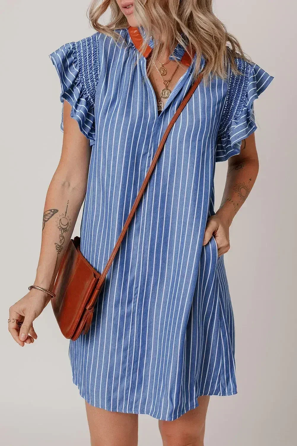 Sky Blue Stripe Frilly Split Neck Shirred Ruffle Sleeve Mini Shift Dress - Femstylo