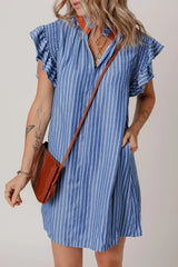 Sky Blue Stripe Frilly Split Neck Shirred Ruffle Sleeve Mini Shift Dress - Femstylo