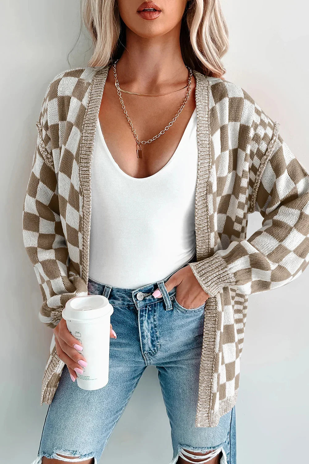 Orange Checkered Open Front Drop Shoulder Cardigan