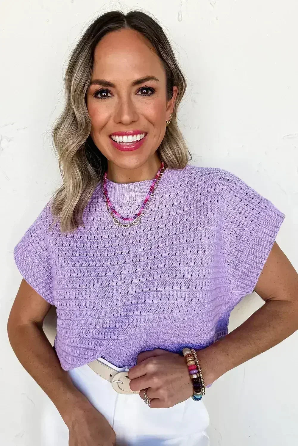 Lavendula Solid Color Ribbed Trim Pointelle Knit Top - Femstylo